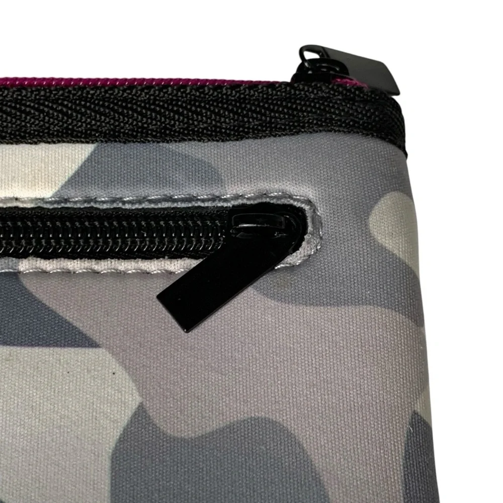 Haute Shore neoprene card keychain‎ case in gray camo and neon pink.